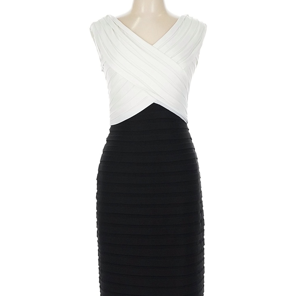 Adrianna Papell Black and White V-Neck Bandage Midi Dress